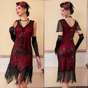 ☔️🩵⏭️NWT Red & Black Gatsby Flapper Dress 5-Piece Set Medium